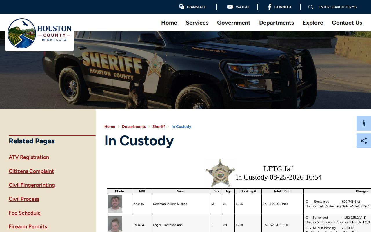 Houston County current custody and booking record source